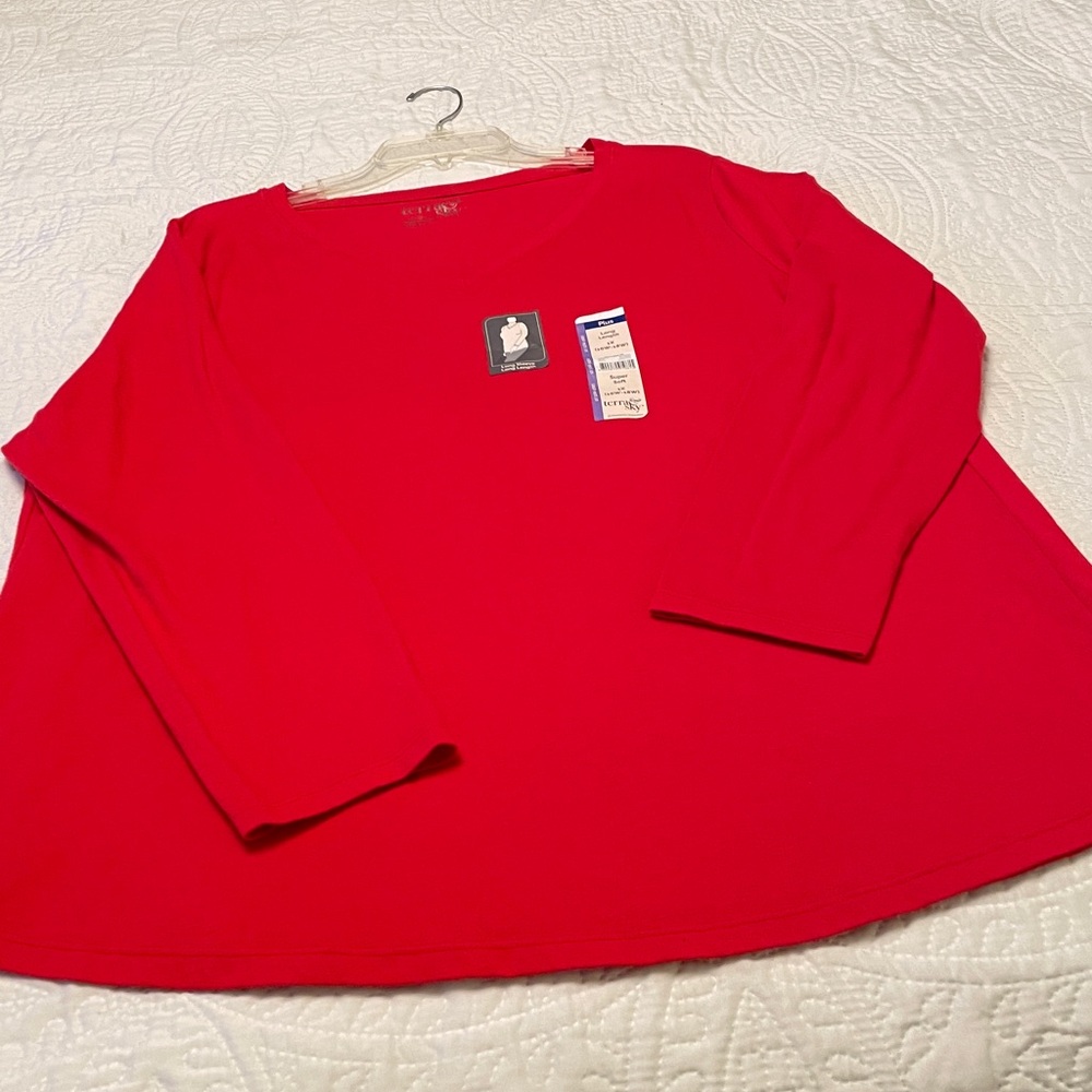 NWT terra & sky Red Long Sleeve & Long Length V Neckline Tee Top 1X (16W-18W) - Picture 8 of 10